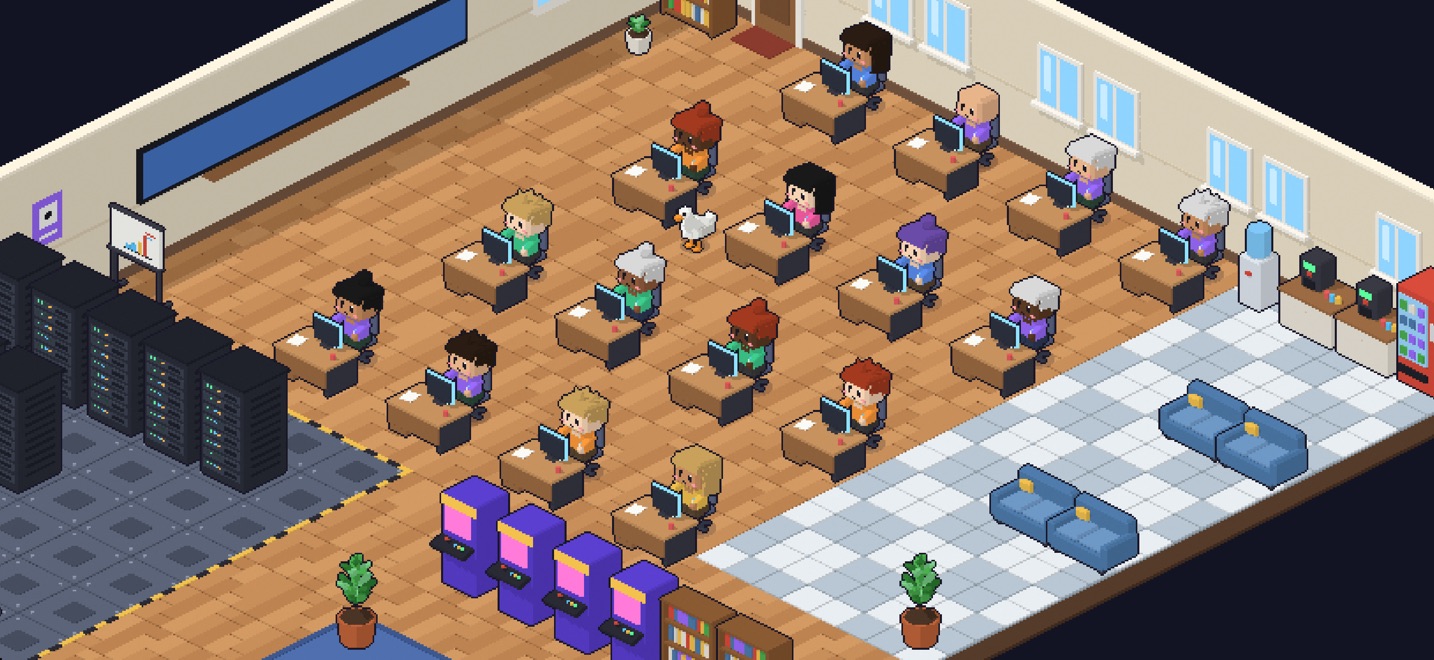 The office of a small AI lab, in pixel art. Your AI stands in the middle and talks.